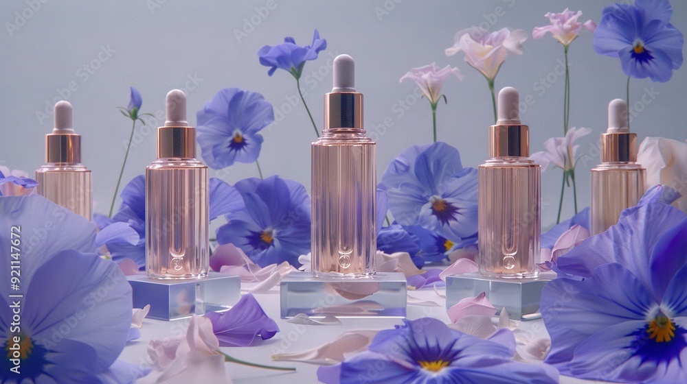 Wall mural a table with perfume bottles surrounded by purple and white flowers on a white tablecloth with pink 