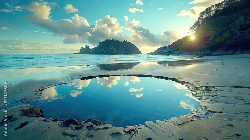 Poster reflection of sky and clouds in pool of water on beach with mountain in back
