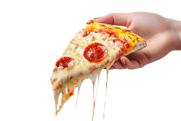 hand holding a pizza slice isolated on a transparent background
