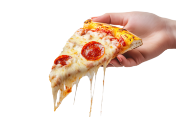 hand holding a pizza slice isolated on a transparent background