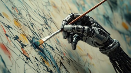 A close-up of a robot hand holding a paintbrush, with abstract lines in the background representing intelligent algorithms.