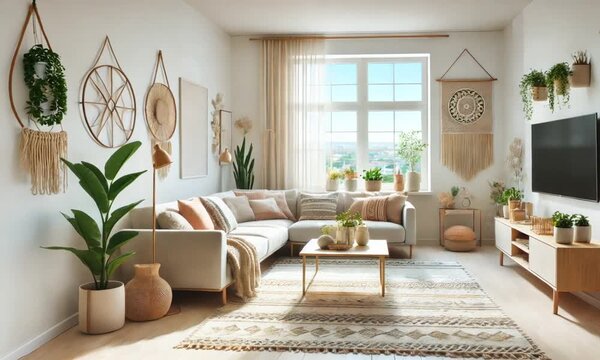 Bright Bohemian Living Room with Natural Light and Eco-Friendly Decor
