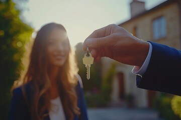 Agent Passing Keys to Young Couple for Their New Property