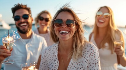 A group of friends celebrating in the evening with sparklers and drinks on a boat, all smiling and enjoying the festive atmosphere under the setting sun with a beautiful background.