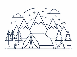 continuous single line drawing of campground with tent and campfire, line art vector illustration
