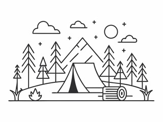 continuous single line drawing of campground with tent and campfire, line art vector illustration
