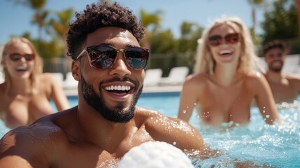Obraz premium A group of friends is captured enjoying a lively pool party, with bright smiles and palpable joy, creating a vibrant and uplifting atmosphere perfect for stock photography.