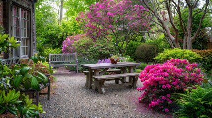 Obraz premium A tranquil garden setting with blooming azaleas in shades of pink and purple