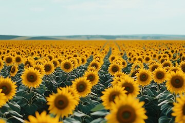 Obraz premium A vibrant field of sunflowers stretches across the landscape under a clear sky in mid-summer