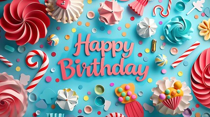 A whimsical paper art banner featuring "Happy Birthday" letters surrounded by paper cupcakes, gummy bears, and candy canes, with a background of bright and colorful sweets, hd quality, natural look.