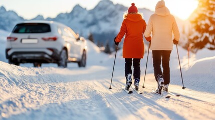 Two individuals ski along a snowy pathway during the day, with a parked car nearby and snow-capped mountains in the background under a clear sunny sky.