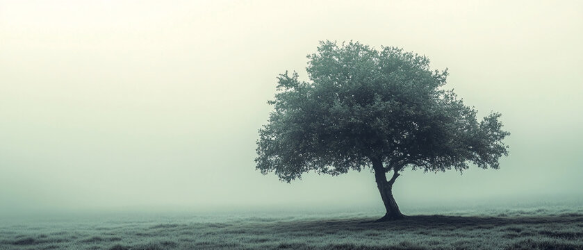 A minimalist nature wallpaper for ultrawide screen 21:9 featuring a big tree on misty plains, creating a serene and tranquil atmosphere.