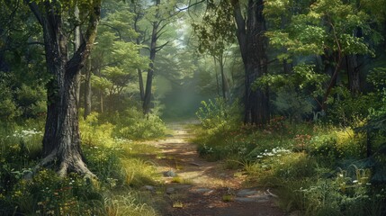 Obraz premium A tranquil nature trail through a mixed forest, with a variety of tree species creating a diverse and colorful woodland environment.