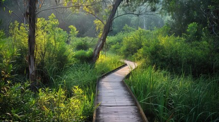 Obraz premium A tranquil nature trail winding through a serene wetlands area, with boardwalks and marshes teeming with birdlife and lush vegetation.
