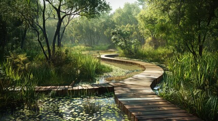 Obraz premium A tranquil nature trail winding through a serene wetlands area, with boardwalks and marshes teeming with birdlife and lush vegetation.
