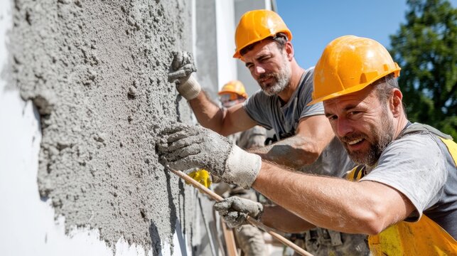 Two construction workers wearing hard hats and safety vests diligently applying concrete to the facade of a building, capturing a moment of teamwork and skilled labor in a sunny day.