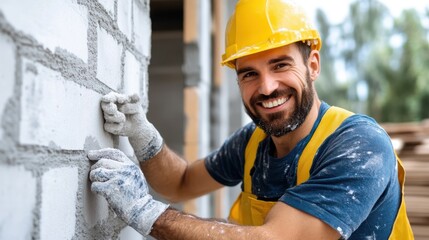 A smiling construction worker wearing a yellow helmet and safety gear plastering a brick wall exterior, showcasing his skills and dedication in building and construction.