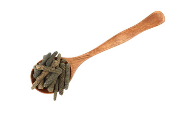 Top view of spoon with Long or Pippali pepper over white background.