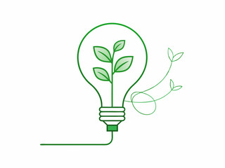 continuous single line drawing of green plant in light bulb, green energy concept line art vector illustration
