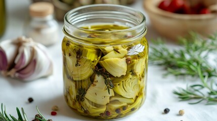 Hearts of artichokes with herbs and olive oil in a glass jar. On a white tablecloth, pickled artichokes with garlic are placed in a glass jar. homemade, healthful food