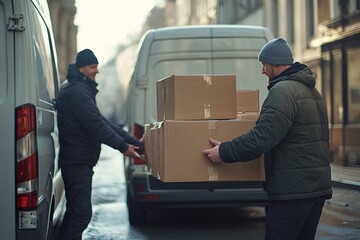 Busy Team Taking Cardboard Boxes Out of Van