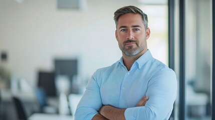 Fototapeta premium Confident Leader: A portrait of a mature businessman with arms crossed, exuding confidence and authority in a modern office setting. 