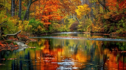 Fototapeta premium A tranquil river meanders through a forest of fall foliage, with the colorful leaves reflecting in the water