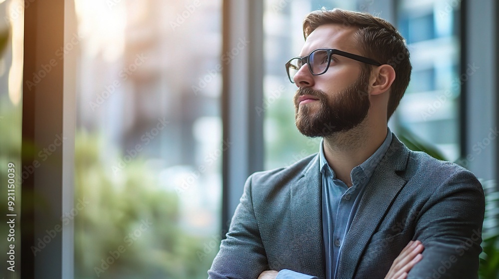 Canvas Prints The Visionary Entrepreneur: A contemplative businessman ponders the cityscape, his strategic gaze hinting at ambition and innovation.