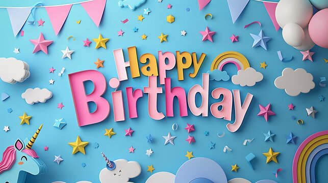 An enchanting paper art banner featuring "Happy Birthday" letters surrounded by paper unicorns, rainbows, and stars, set against a unicorn background with colorful pennants and streamers, hd quality,