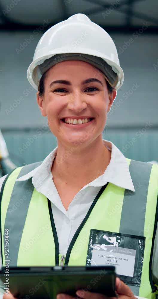 Leinwandbilder woman, tablet and face for robotics at factory of machine research, inspection or automation safety.