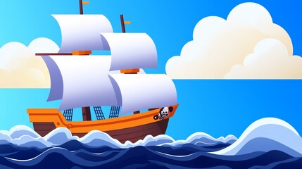 A pixel art pirate ship with exaggerated features, sailing through rough cartoon seas