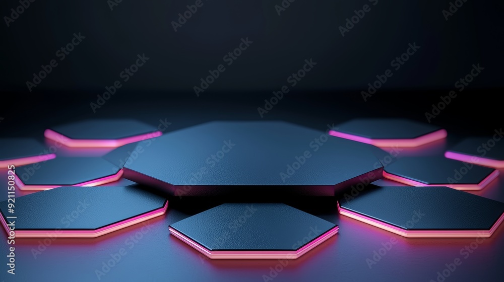 Poster an abstract podium made of interlocking hexagonal platforms arranged symmetrically, with a matte bla