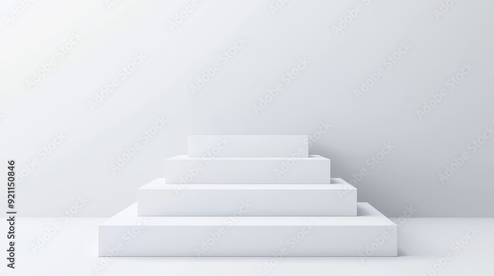 Poster a modular podium system with symmetrical square platforms that can be rearranged, featuring a clean,