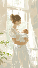 Maria and newborn Jesus Christ, colorful pastel illustration, biblical scene. Madonna and Child