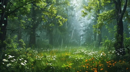 A tranquil spring scene of a rain-soaked forest with lush green trees and blooming wildflowers,