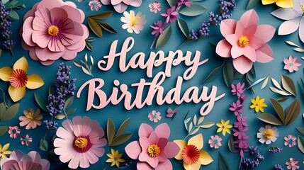 A beautiful paper art banner with "Happy Birthday" amidst a bouquet of cherry blossoms, lavender, and daffodils, using soft pink, purple, and yellow tones, fine green foliage adding contrast,