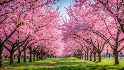 Obraz premium Beautiful pink Japanese cherry blossoms in full bloom during spring season, sakura, flowers, petals, trees, nature