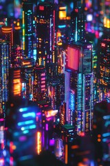 Obraz premium Neon Cityscape at Night. Buildings and A
