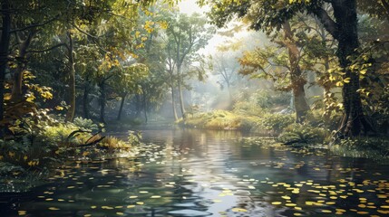 Fototapeta premium A tranquil stream in a secluded forest glade, with the soft sound of water and the gentle rustling of leaves creating a serene retreat