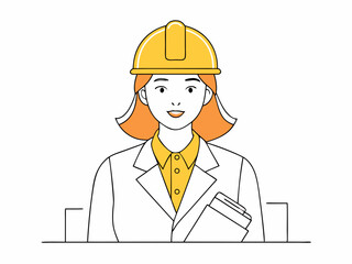 continuous single line drawing of female architect or engineer with hardhat holding construction plans, line art vector illustration
