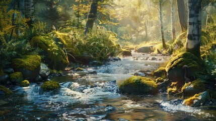 A tranquil stream in a sunlit glade, with the clear water flowing over moss-covered rocks and the surrounding forest bathed in warm light.