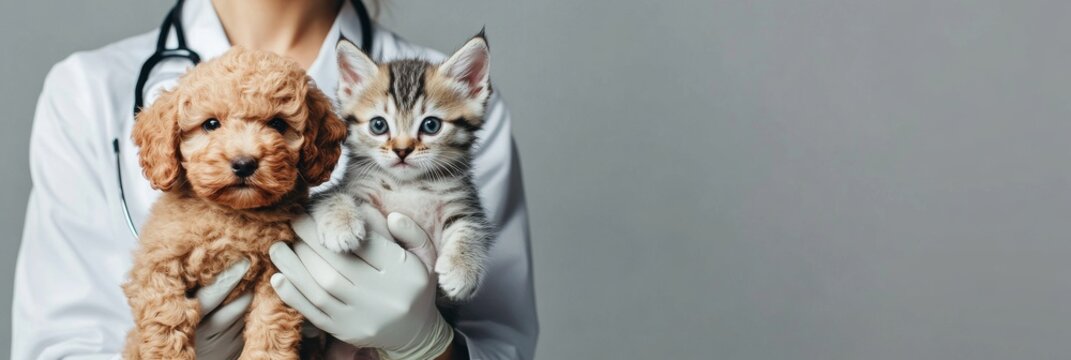 A compassionate veterinarian is lovingly holding a cute puppy and an adorable kitten in a cozy environment, showcasing their dedication to caring for pets and ensuring their wellbeing and health