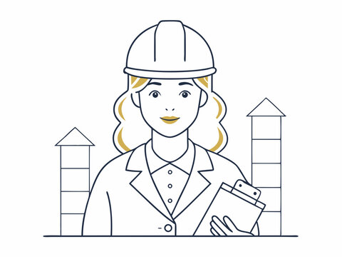 recommend clip art: continuous single line drawing of female architect or engineer with hardhat holding construction plans, line art vector illustration
                    