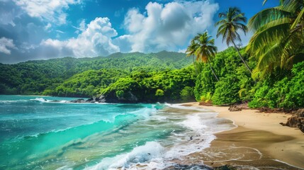 A tranquil tropical bay with secluded white sand beaches, crystal-clear water,