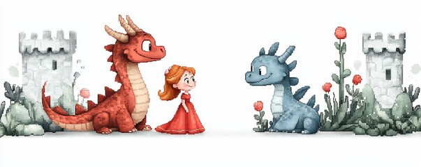 Naklejka premium A pixel art dragon and princess sharing a friendly moment in a cartoon castle garden