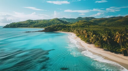 A tranquil tropical bay with secluded white sand beaches, crystal-clear water,