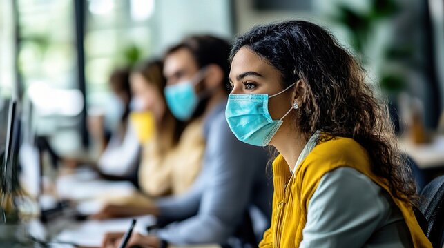 Adapting to the New Normal: A focused young professional wearing a face mask works diligently in a modern office, reflecting the resilience of businesses during challenging times. 