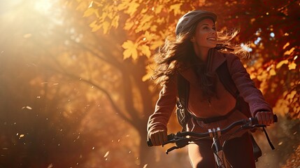 Obraz premium A woman joyfully cycling through a vibrant autumn landscape filled with orange leaves.