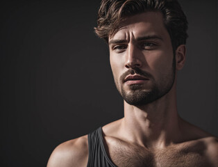 A man with a beard and mustache is standing in front of a dark background