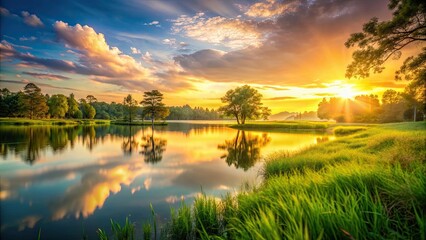 Blurred background of a serene landscape during golden hour, golden hour, sunset, evening glow, nature, tranquil